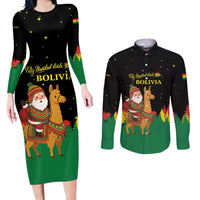 Bolivia Christmas Couples Matching Long Sleeve Bodycon Dress and Long Sleeve Button Shirt with Santa Claus Llama Andean Outfit and Festive Tree Design - Wonder Print Shop