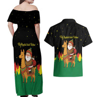 Bolivia Christmas Couples Matching Off Shoulder Maxi Dress and Hawaiian Shirt with Santa Claus Llama Andean Outfit and Festive Tree Design - Wonder Print Shop