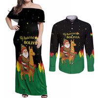 Bolivia Christmas Couples Matching Off Shoulder Maxi Dress and Long Sleeve Button Shirt with Santa Claus Llama Andean Outfit and Festive Tree Design - Wonder Print Shop