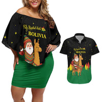 Bolivia Christmas Couples Matching Off Shoulder Short Dress and Hawaiian Shirt with Santa Claus Llama Andean Outfit and Festive Tree Design - Wonder Print Shop