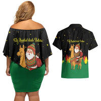 Bolivia Christmas Couples Matching Off Shoulder Short Dress and Hawaiian Shirt with Santa Claus Llama Andean Outfit and Festive Tree Design - Wonder Print Shop
