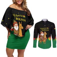 Bolivia Christmas Couples Matching Off Shoulder Short Dress and Long Sleeve Button Shirt with Santa Claus Llama Andean Outfit and Festive Tree Design - Wonder Print Shop