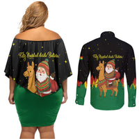 Bolivia Christmas Couples Matching Off Shoulder Short Dress and Long Sleeve Button Shirt with Santa Claus Llama Andean Outfit and Festive Tree Design - Wonder Print Shop