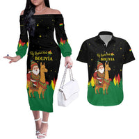 Bolivia Christmas Couples Matching Off The Shoulder Long Sleeve Dress and Hawaiian Shirt with Santa Claus Llama Andean Outfit and Festive Tree Design - Wonder Print Shop