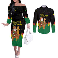 Bolivia Christmas Couples Matching Off The Shoulder Long Sleeve Dress and Long Sleeve Button Shirt with Santa Claus Llama Andean Outfit and Festive Tree Design - Wonder Print Shop