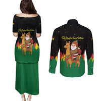 Bolivia Christmas Couples Matching Puletasi and Long Sleeve Button Shirt with Santa Claus Llama Andean Outfit and Festive Tree Design - Wonder Print Shop