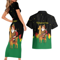 Bolivia Christmas Couples Matching Short Sleeve Bodycon Dress and Hawaiian Shirt with Santa Claus Llama Andean Outfit and Festive Tree Design - Wonder Print Shop