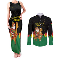 Bolivia Christmas Couples Matching Tank Maxi Dress and Long Sleeve Button Shirt with Santa Claus Llama Andean Outfit and Festive Tree Design - Wonder Print Shop