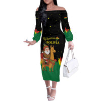 Bolivia Christmas Family Matching Off The Shoulder Long Sleeve Dress and Hawaiian Shirt with Santa Claus Llama Andean Outfit and Festive Tree Design - Wonder Print Shop