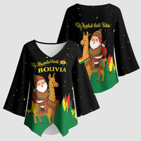 Bolivia Christmas Kimono Sleeve Blouse with Santa Claus Llama Andean Outfit and Festive Tree Design - Wonder Print Shop