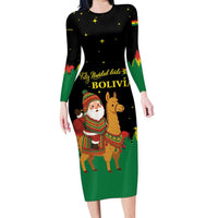 Bolivia Christmas Long Sleeve Bodycon Dress with Santa Claus Llama Andean Outfit and Festive Tree Design - Wonder Print Shop