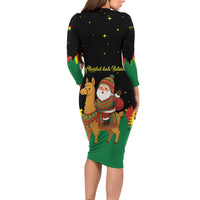 Bolivia Christmas Long Sleeve Bodycon Dress with Santa Claus Llama Andean Outfit and Festive Tree Design - Wonder Print Shop