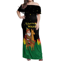 Bolivia Christmas Off Shoulder Maxi Dress with Santa Claus Llama Andean Outfit and Festive Tree Design - Wonder Print Shop