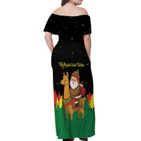 Bolivia Christmas Off Shoulder Maxi Dress with Santa Claus Llama Andean Outfit and Festive Tree Design - Wonder Print Shop