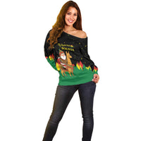 Bolivia Christmas Off Shoulder Sweater with Santa Claus Llama Andean Outfit and Festive Tree Design - Wonder Print Shop