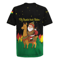 Bolivia Christmas Rugby Jersey with Santa Claus Llama Andean Outfit and Festive Tree Design - Wonder Print Shop