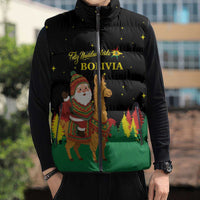 Bolivia Christmas Sleeveless Puffer Jacket with Santa Claus Llama Andean Outfit and Festive Tree Design - Wonder Print Shop