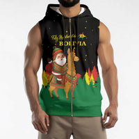 Bolivia Christmas Sleeveless Zip Hoodie with Santa Claus Llama Andean Outfit and Festive Tree Design - Wonder Print Shop