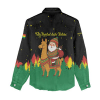 Bolivia Christmas Women Casual Shirt with Santa Claus Llama Andean Outfit and Festive Tree Design - Wonder Print Shop