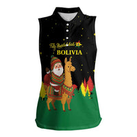 Bolivia Christmas Women Sleeveless Polo Shirt with Santa Claus Llama Andean Outfit and Festive Tree Design - Wonder Print Shop