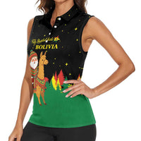 Bolivia Christmas Women Sleeveless Polo Shirt with Santa Claus Llama Andean Outfit and Festive Tree Design - Wonder Print Shop