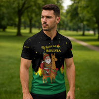 Bolivia Christmas Zipper Polo Shirt with Santa Claus Llama Andean Outfit and Festive Tree Design - Wonder Print Shop