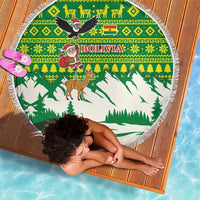 Bolivia Christmas Beach Blanket with Santa Claus Andean Deer Condor and Traditional Pattern Design - Wonder Print Shop