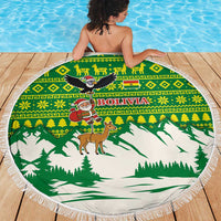 Bolivia Christmas Beach Blanket with Santa Claus Andean Deer Condor and Traditional Pattern Design - Wonder Print Shop