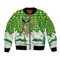 Bolivia Christmas Bomber Jacket with Santa Claus Andean Deer Condor and Traditional Pattern Design - Wonder Print Shop