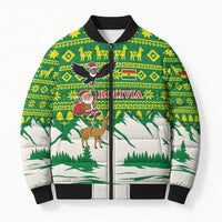 Bolivia Christmas Bomber Puffer Jacket with Santa Claus Andean Deer Condor and Traditional Pattern Design - Wonder Print Shop