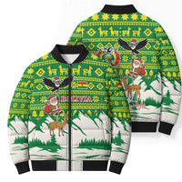 Bolivia Christmas Bomber Puffer Jacket with Santa Claus Andean Deer Condor and Traditional Pattern Design - Wonder Print Shop