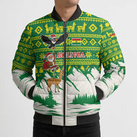 Bolivia Christmas Bomber Puffer Jacket with Santa Claus Andean Deer Condor and Traditional Pattern Design - Wonder Print Shop