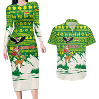 Bolivia Christmas Couples Matching Long Sleeve Bodycon Dress and Hawaiian Shirt with Santa Claus Andean Deer Condor and Traditional Pattern Design - Wonder Print Shop