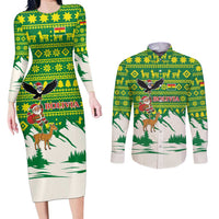 Bolivia Christmas Couples Matching Long Sleeve Bodycon Dress and Long Sleeve Button Shirt with Santa Claus Andean Deer Condor and Traditional Pattern Design - Wonder Print Shop