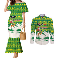 Bolivia Christmas Couples Matching Mermaid Dress and Long Sleeve Button Shirt with Santa Claus Andean Deer Condor and Traditional Pattern Design - Wonder Print Shop