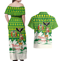 Bolivia Christmas Couples Matching Off Shoulder Maxi Dress and Hawaiian Shirt with Santa Claus Andean Deer Condor and Traditional Pattern Design - Wonder Print Shop