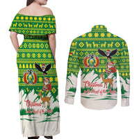Bolivia Christmas Couples Matching Off Shoulder Maxi Dress and Long Sleeve Button Shirt with Santa Claus Andean Deer Condor and Traditional Pattern Design - Wonder Print Shop
