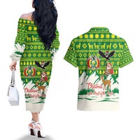 Bolivia Christmas Couples Matching Off The Shoulder Long Sleeve Dress and Hawaiian Shirt with Santa Claus Andean Deer Condor and Traditional Pattern Design - Wonder Print Shop
