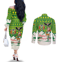 Bolivia Christmas Couples Matching Off The Shoulder Long Sleeve Dress and Long Sleeve Button Shirt with Santa Claus Andean Deer Condor and Traditional Pattern Design - Wonder Print Shop