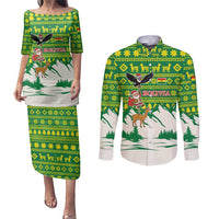 Bolivia Christmas Couples Matching Puletasi and Long Sleeve Button Shirt with Santa Claus Andean Deer Condor and Traditional Pattern Design - Wonder Print Shop