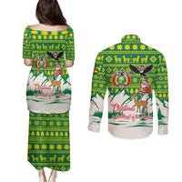 Bolivia Christmas Couples Matching Puletasi and Long Sleeve Button Shirt with Santa Claus Andean Deer Condor and Traditional Pattern Design - Wonder Print Shop