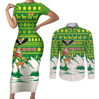 Bolivia Christmas Couples Matching Short Sleeve Bodycon Dress and Long Sleeve Button Shirt with Santa Claus Andean Deer Condor and Traditional Pattern Design - Wonder Print Shop