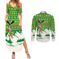 Bolivia Christmas Couples Matching Summer Maxi Dress and Long Sleeve Button Shirt with Santa Claus Andean Deer Condor and Traditional Pattern Design - Wonder Print Shop