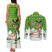 Bolivia Christmas Couples Matching Tank Maxi Dress and Long Sleeve Button Shirt with Santa Claus Andean Deer Condor and Traditional Pattern Design - Wonder Print Shop