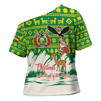 Bolivia Christmas Cross Shoulder Shirt with Santa Claus Andean Deer Condor and Traditional Pattern Design - Wonder Print Shop