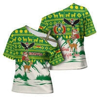 Bolivia Christmas Cross Shoulder Shirt with Santa Claus Andean Deer Condor and Traditional Pattern Design - Wonder Print Shop