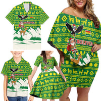 Bolivia Christmas Family Matching Off Shoulder Short Dress and Hawaiian Shirt with Santa Claus Andean Deer Condor and Traditional Pattern Design - Wonder Print Shop