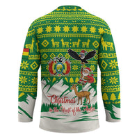 Bolivia Christmas Hockey Jersey with Santa Claus Andean Deer Condor and Traditional Pattern Design - Wonder Print Shop