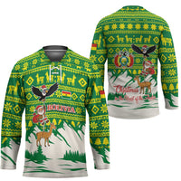 Bolivia Christmas Hockey Jersey with Santa Claus Andean Deer Condor and Traditional Pattern Design - Wonder Print Shop