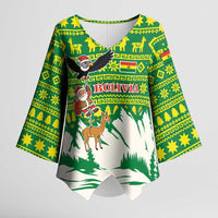 Bolivia Christmas Kimono Sleeve Blouse with Santa Claus Andean Deer Condor and Traditional Pattern Design - Wonder Print Shop